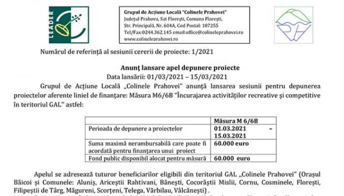 Anunţ lansare apel depunere proiecte: Măsura M6/6B ”Încurajarea activităților recreative și competitive în teritoriul GAL” 